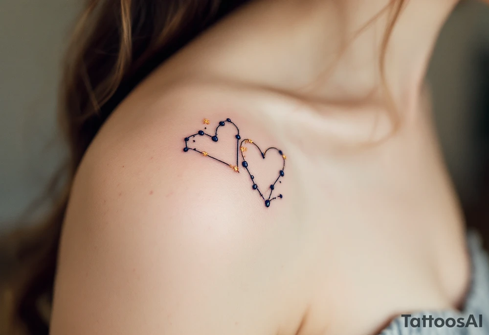 Two fine-line hearts joined by a delicate constellation with gold and navy blue accents.
Placement: Inner forearm, matching for both partners. tattoo idea