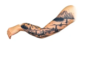 A full-sleeve with the Härjedalen landscape, reindeer, bear, lakes, mountains (Helags), tattoo idea