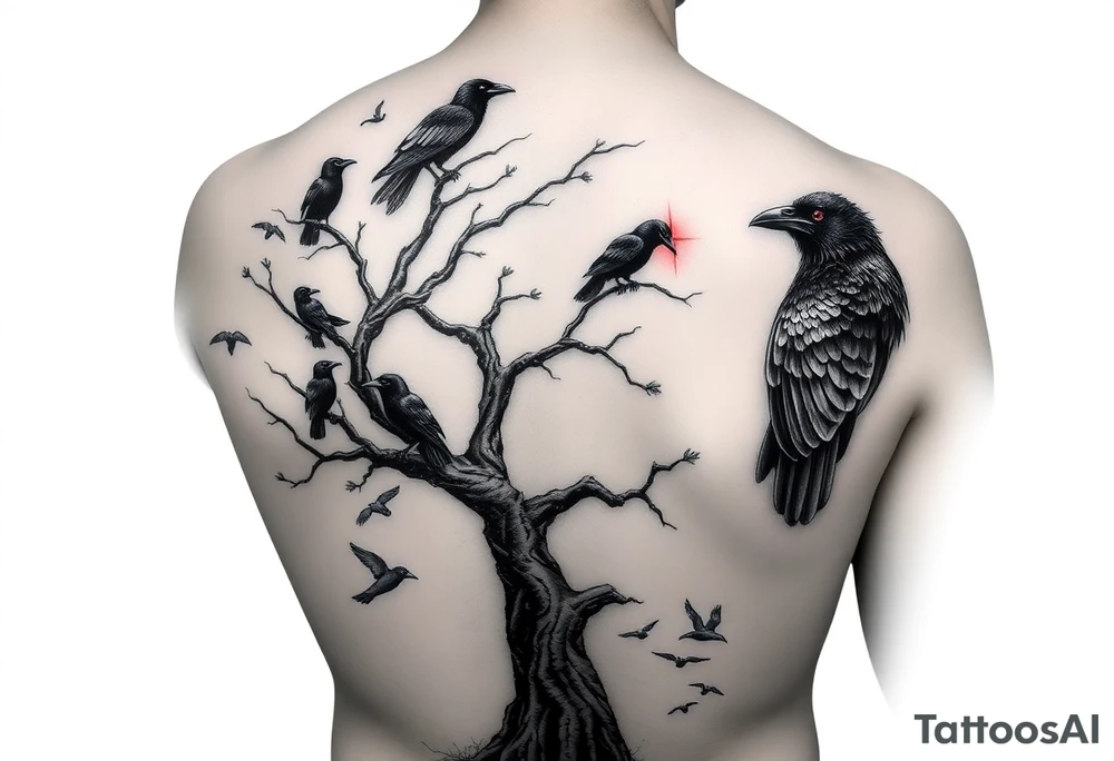 Gothic full-back tattoo starting at lower spine: a twisted, aged tree growing to mid-back. Ravens perched within branches and flying upward. Birds start smaller in the tree and gradually increase slightly in size as they move away. Some ravens wrap organically around the right shoulder and upper arm. A main focal raven sits on the right shoulder, slightly larger, highly detailed, wings in motion, with one glowing red eye (only color). Style is black and grey realism with gothic tone, elegant flow, and body-contouring composition. tattoo idea
