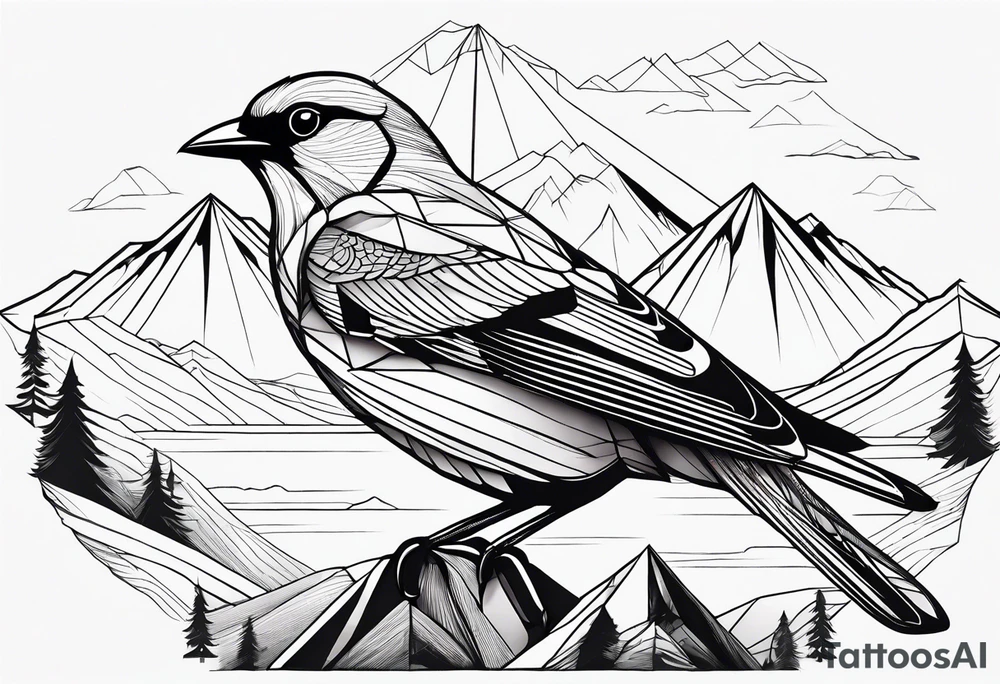 Geometric Black and white bird outline with mountains in distance tattoo idea