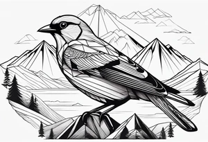 Geometric Black and white bird outline with mountains in distance tattoo idea