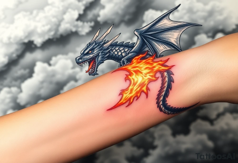 fierce dragon breathing iridescent fire against stormy skies tattoo idea