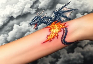 fierce dragon breathing iridescent fire against stormy skies tattoo idea