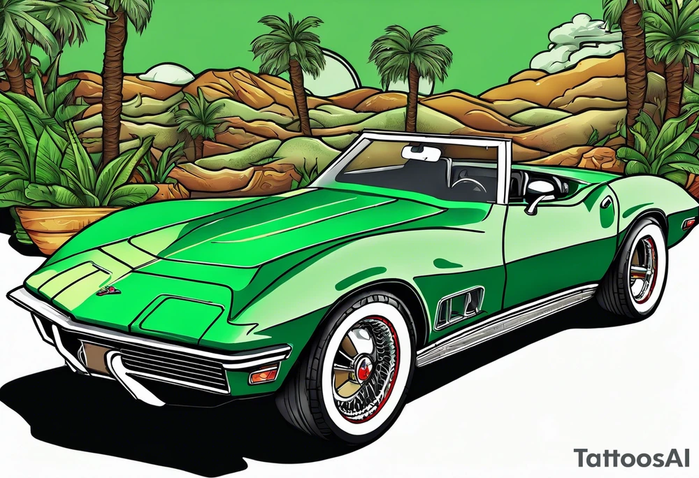 Skeleton smoking a cigarette driving a green 1976 convertible Corvette tattoo idea