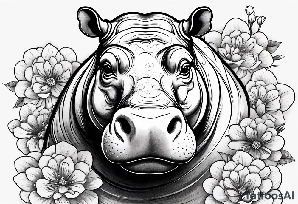 cute realistic hippo with flowers tattoo idea