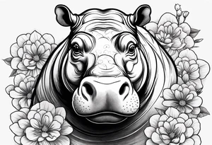 cute realistic hippo with flowers tattoo idea