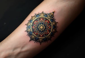 The Dharma Wheel (Dharmachakra) – A wheel with 8 spokes representing the Noble Eightfold Path, traditionally in gold or bronze with a deep blue or red background. tattoo idea