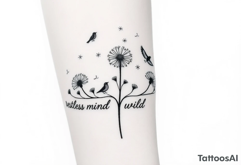 Double Black armband line around the forearm with wildflower dandelions in the middle with birds flying off and dopamine symbol coming off the stem. The words: Restless Mind, Wild Soul, Soft Heart tattoo idea