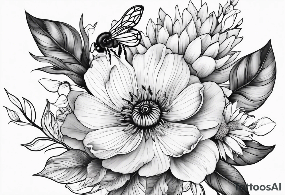 Arm wrap floral dainty soft leaves with bee tattoo idea