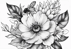 Arm wrap floral dainty soft leaves with bee tattoo idea
