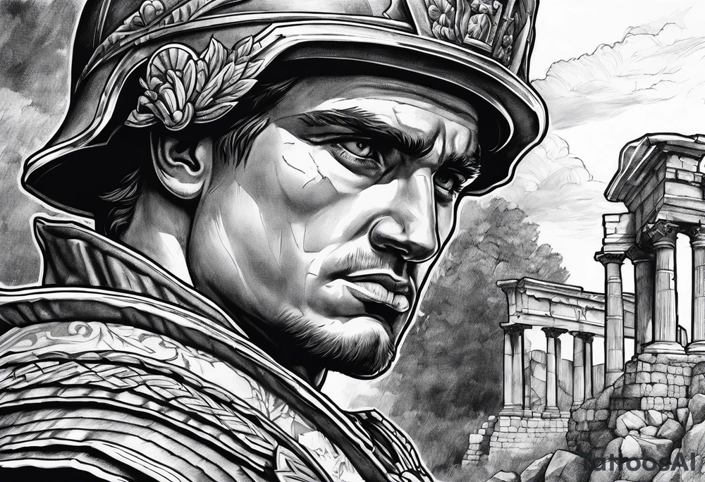 Roman Solider looking at ruins tattoo idea