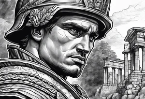 Roman Solider looking at ruins tattoo idea