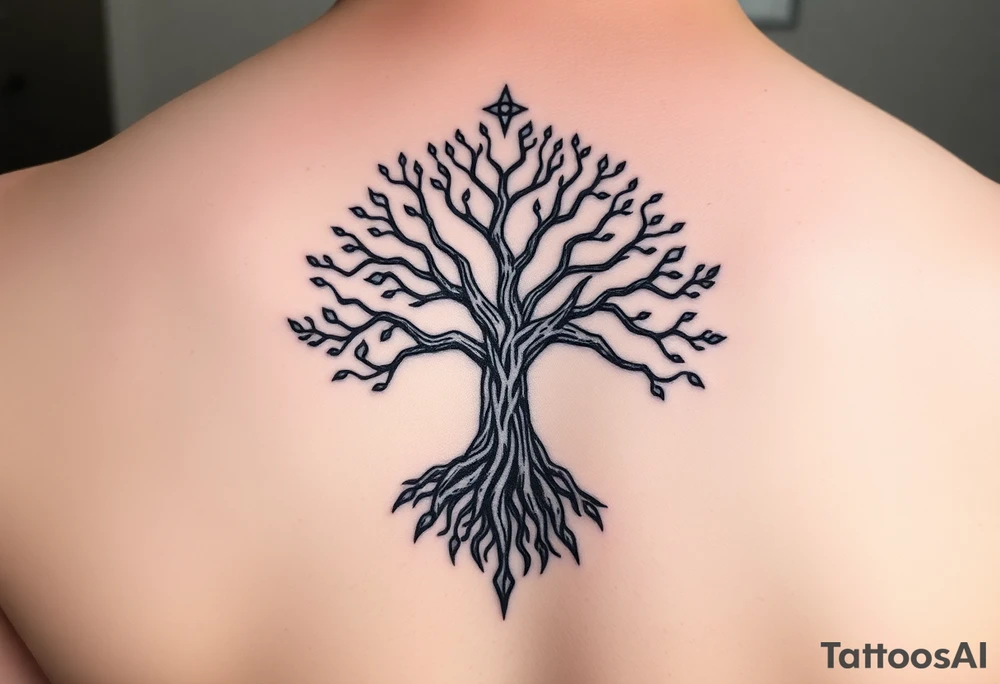 mystical tree of life with cosmic roots and celestial branches tattoo idea