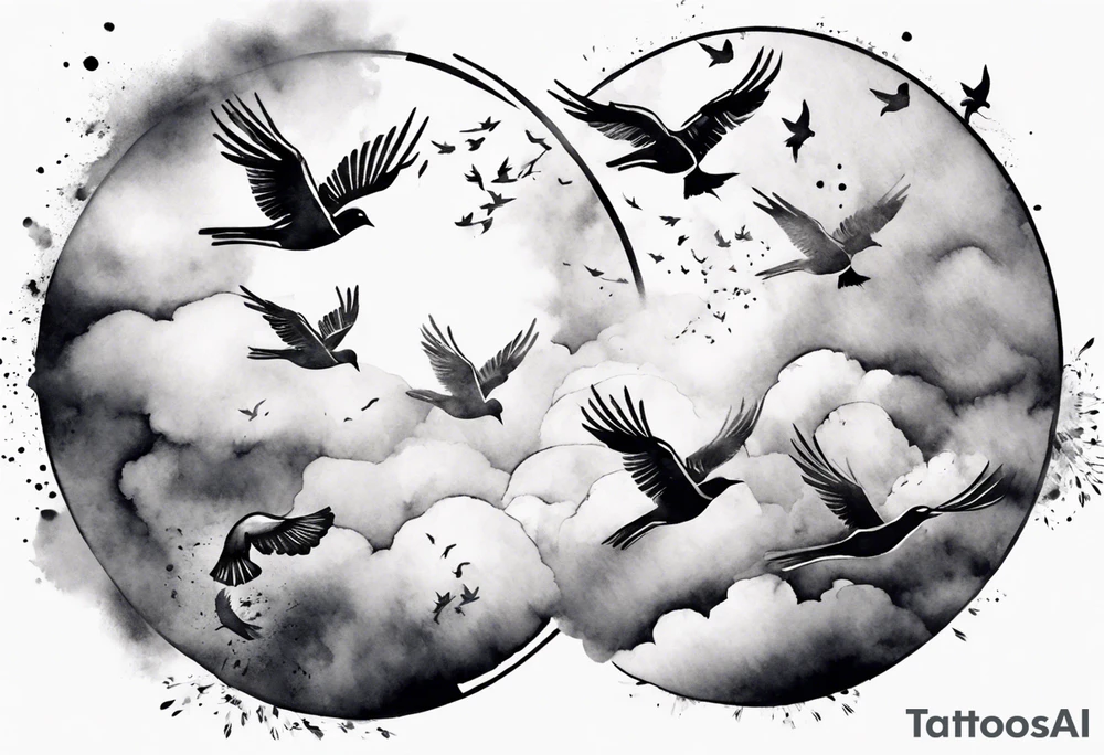 shoulder tattoo with light rays with birds flying free among the clouds, round shape, 3d effect tattoo idea