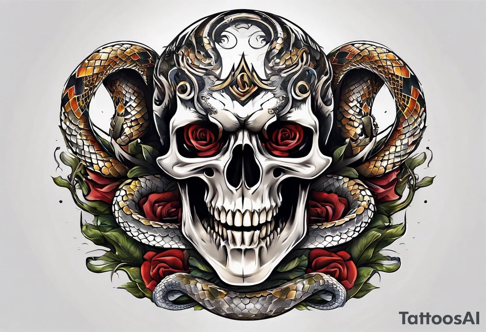 skull and snake with open mouth 4 colors tattoo idea