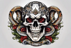 skull and snake with open mouth 4 colors tattoo idea