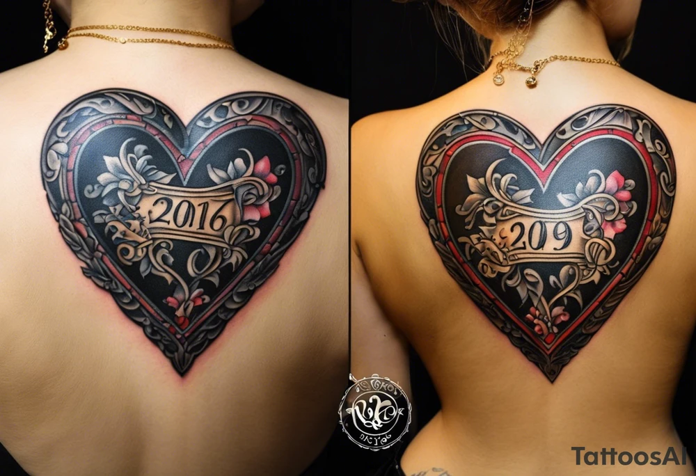 couple tattoo: the girls tattoo will be a heart shaped locket. the year 1999 should be on the front. also include the king of hearts in the details or as a playing card behind the locket. the males tattoo is a heart shaped skeleton key with the year 2016 on it. in the design he wants the queen of hearts on it or as the queen of hearts playing card behind the key. both should appear to be antique. tattoo idea