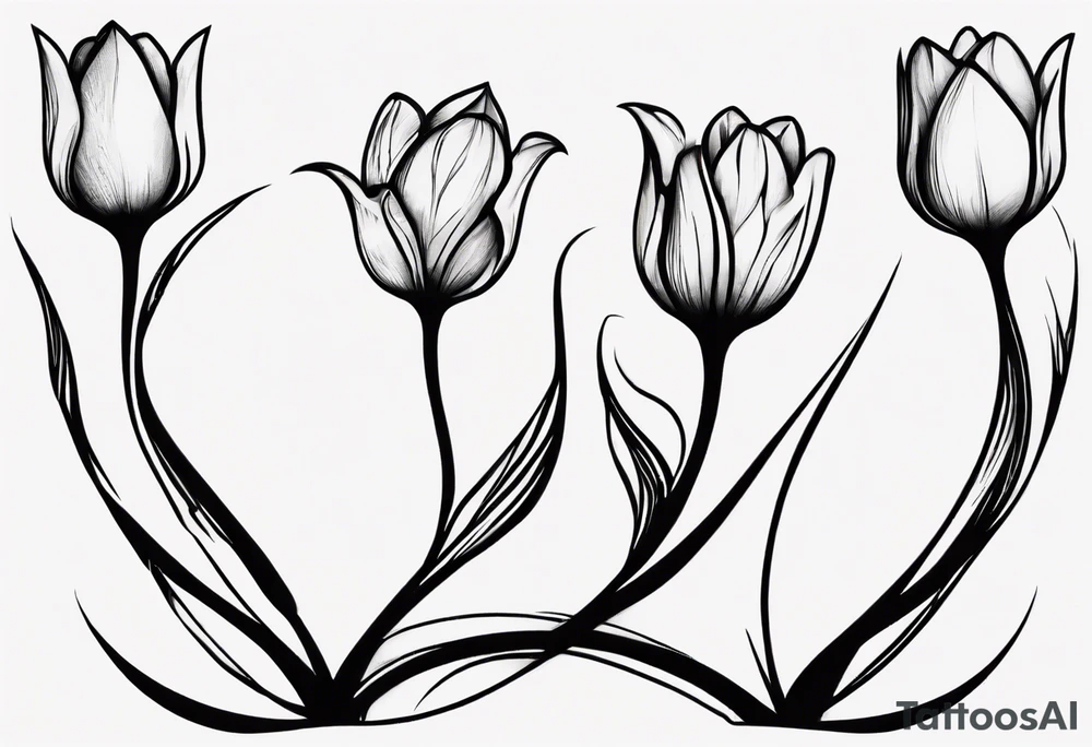 Generate a compelling tattoo design featuring three tulips with intertwining stems. Emphasize the graceful entwining of the stems, creating a harmonious and visually captivating composition. Each tulip should showcase distinct characteristics, from the delicate curves of the petals to the intricate details of the stamen. Consider incorporating elements that symbolize unity, growth, and interconnectedness. Capture the essence of nature's beauty while ensuring the overall design is balanced and aesthetically pleasing. tattoo idea