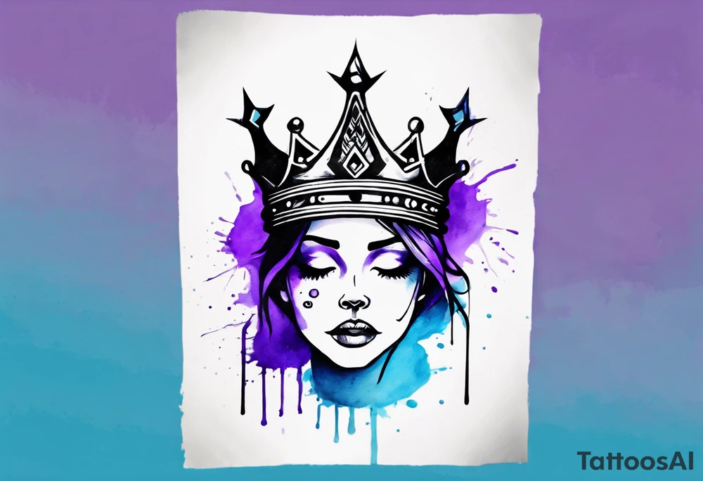 A tattoo of a minimalistic black crown and some negative space on a water color background of purple and blue. tattoo idea