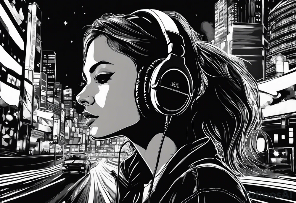 a girl listening to music with over the ear headphones along a dark road at night showing her shadow tattoo idea