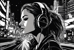 a girl listening to music with over the ear headphones along a dark road at night showing her shadow tattoo idea