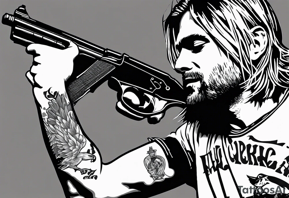 Kurt Cobain, slipping on a banana pill with a heroin needle in his arm, and a shotgun in the other arm tattoo idea