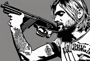 Kurt Cobain, slipping on a banana pill with a heroin needle in his arm, and a shotgun in the other arm tattoo idea