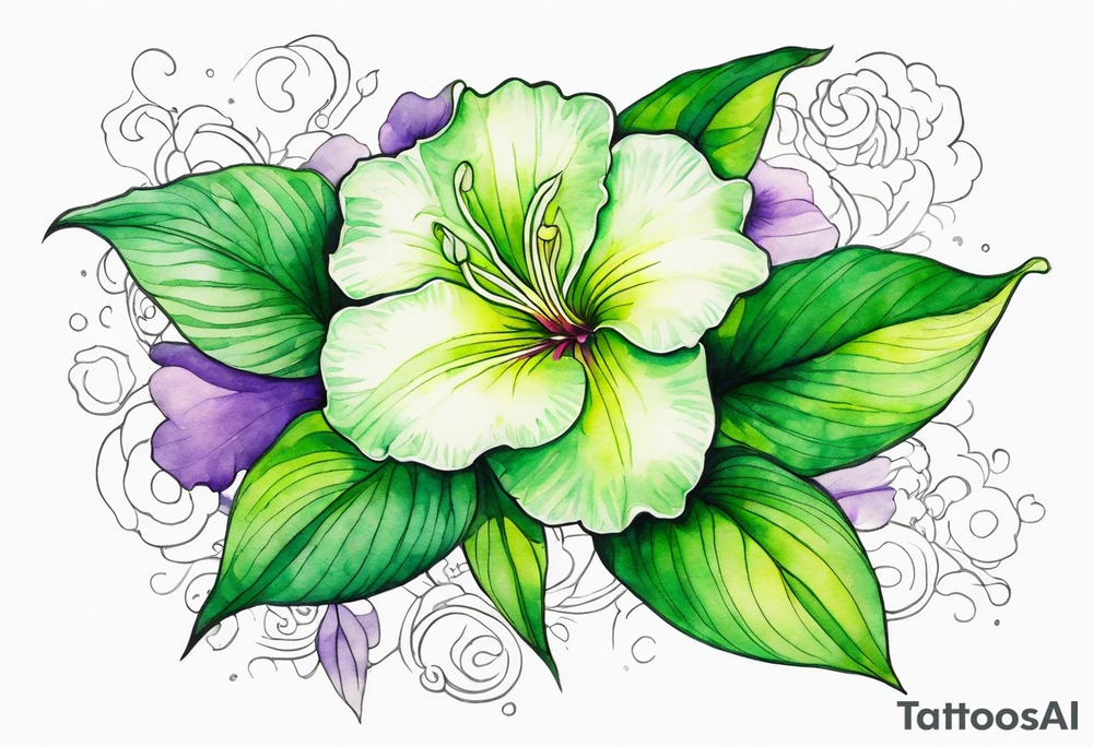 An outline of a green rio dipladenia flower and a green/purple watercolor streak in the background tattoo idea