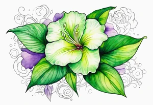 An outline of a green rio dipladenia flower and a green/purple watercolor streak in the background tattoo idea