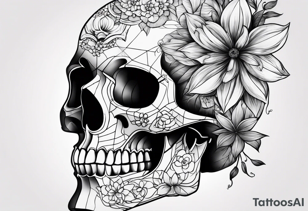Side skull with flower tattoo idea
