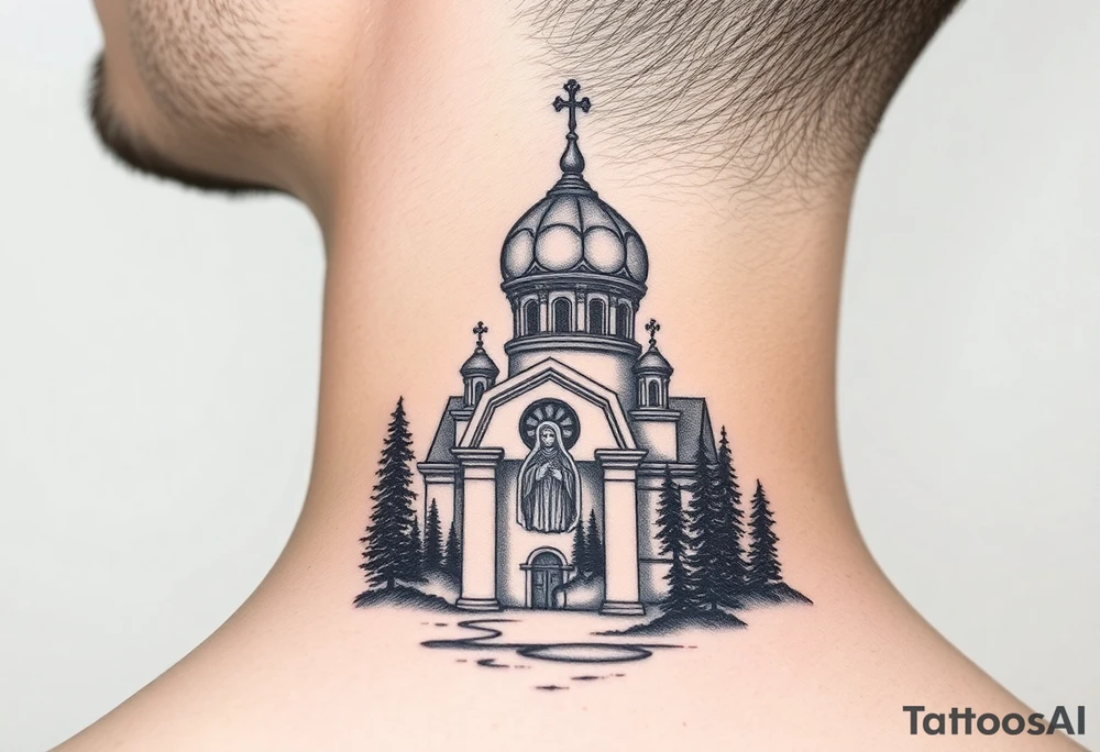 medium sized russian orthodox dome church with a visible virgin mary with a lake and pine trees tattoo idea