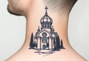 medium sized russian orthodox dome church with a visible virgin mary with a lake and pine trees tattoo idea