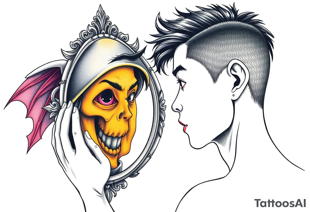 Handsome Asian young guy is looking in cursed mirror and see a witch tattoo idea