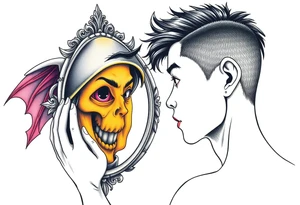 Handsome Asian young guy is looking in cursed mirror and see a witch tattoo idea