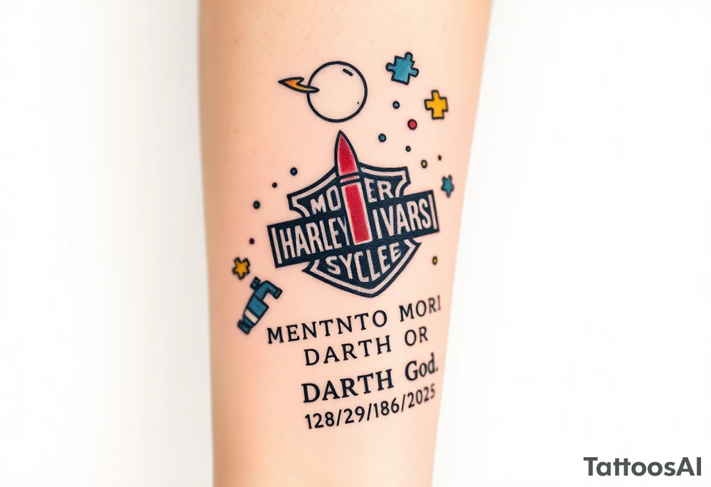 colorful futuristic memory tattoo for passed boyfriend;, star wars, space, Harley Davidson, skateboarding, puzzle pieces, video games, heaven, god, outdoors, 9mm bullet, words MEMENTO MORI & DARTH CARTER 12/29/88-01/06/2025 tattoo idea