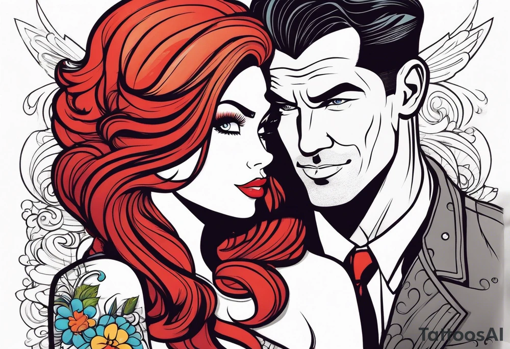 Busty Red haired woman with tall black haired man tattoo idea