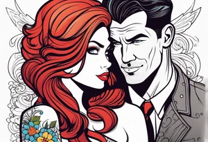 Busty Red haired woman with tall black haired man tattoo idea