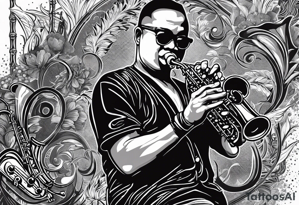 Muay thai boxer playing on tenor saxophone in a jazz club front of a jazz trio band. The notes are coming out from the saxophone and turning into buddhist symbols. tattoo idea