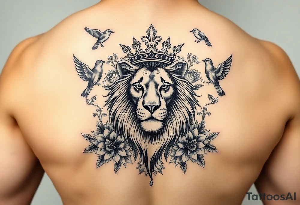 powerful majestic lion with a crown, surrounded by floral ornaments and birds tattoo idea