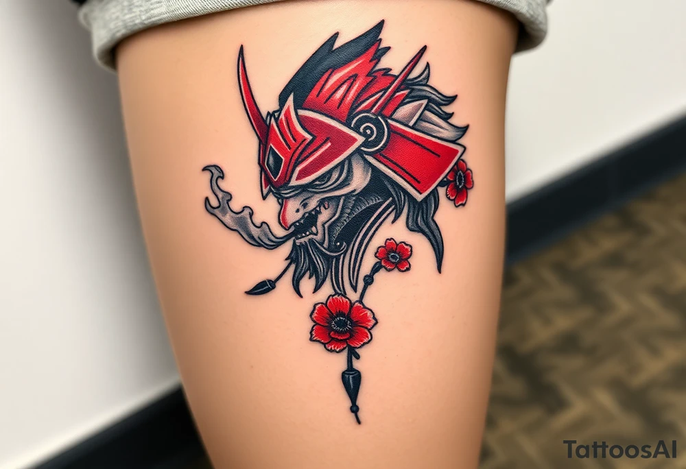 Rouge ronin with smoke coming out of its mouth with 11b tattooed under its left eye with 1 poppy on each side of the ronin tattoo idea