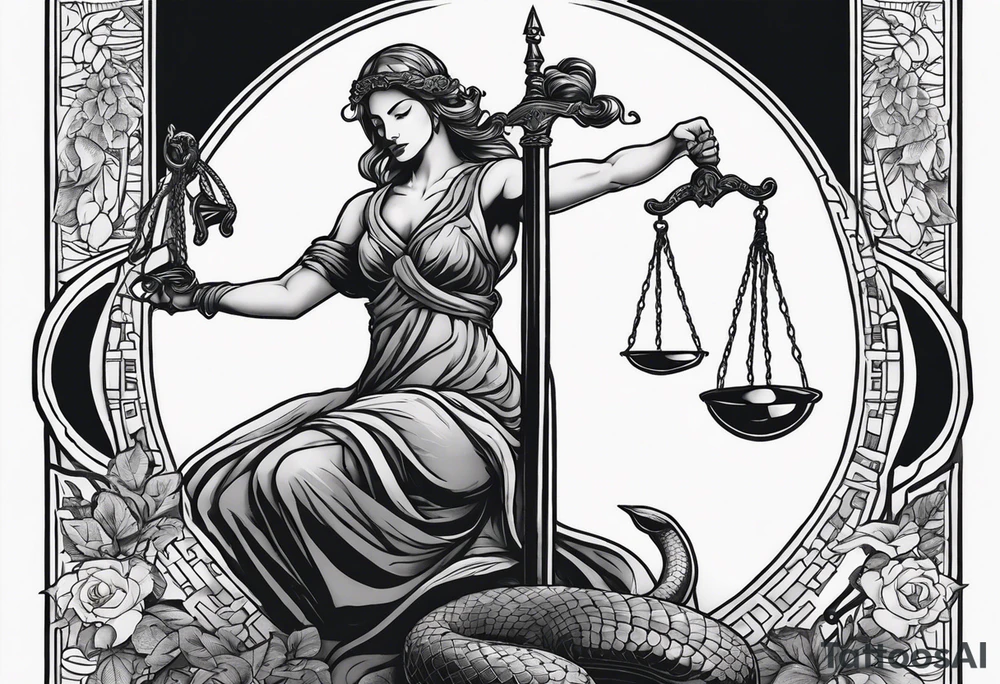 Back and gray blindfolded lady justice with a sword in her right hand and scales in her left hand standing on a book and a snake tattoo idea