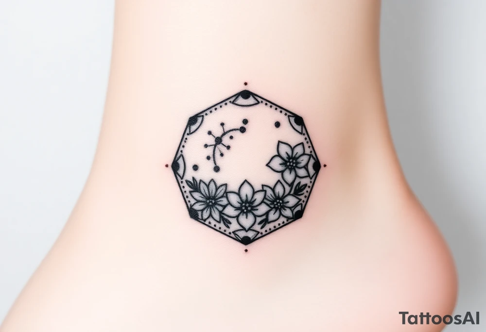 Hexagon with a Leo constellation, larkspur and water lilies in the center tattoo idea