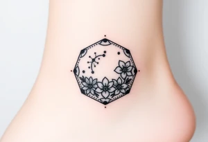 Hexagon with a Leo constellation, larkspur and water lilies in the center tattoo idea