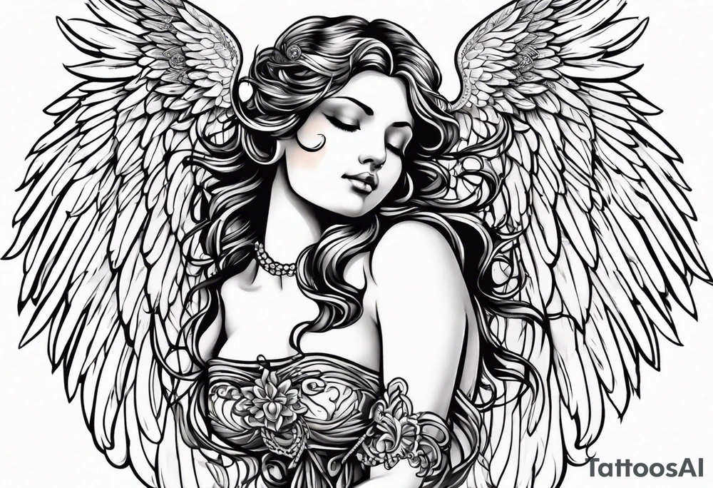 beautiful angel wings. with flilgree in the background tattoo idea