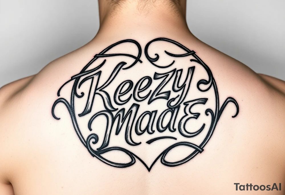 A fancy but rugged twisted and intertwined circular arched curvy lettering in a circular picture that would be clothing brand style that says (KeezY MadE) tattoo idea