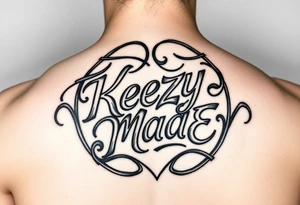 A fancy but rugged twisted and intertwined circular arched curvy lettering in a circular picture that would be clothing brand style that says (KeezY MadE) tattoo idea