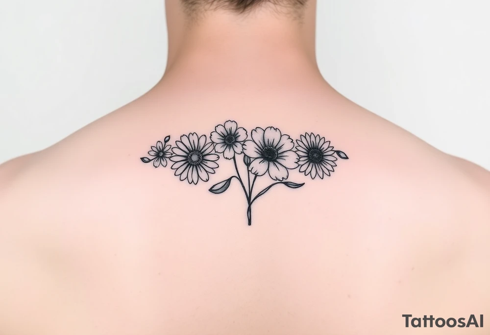 Small flower bouquet with order of flowers, daisy, cosmo, poppy, chrysanthemum, cosmo tattoo idea