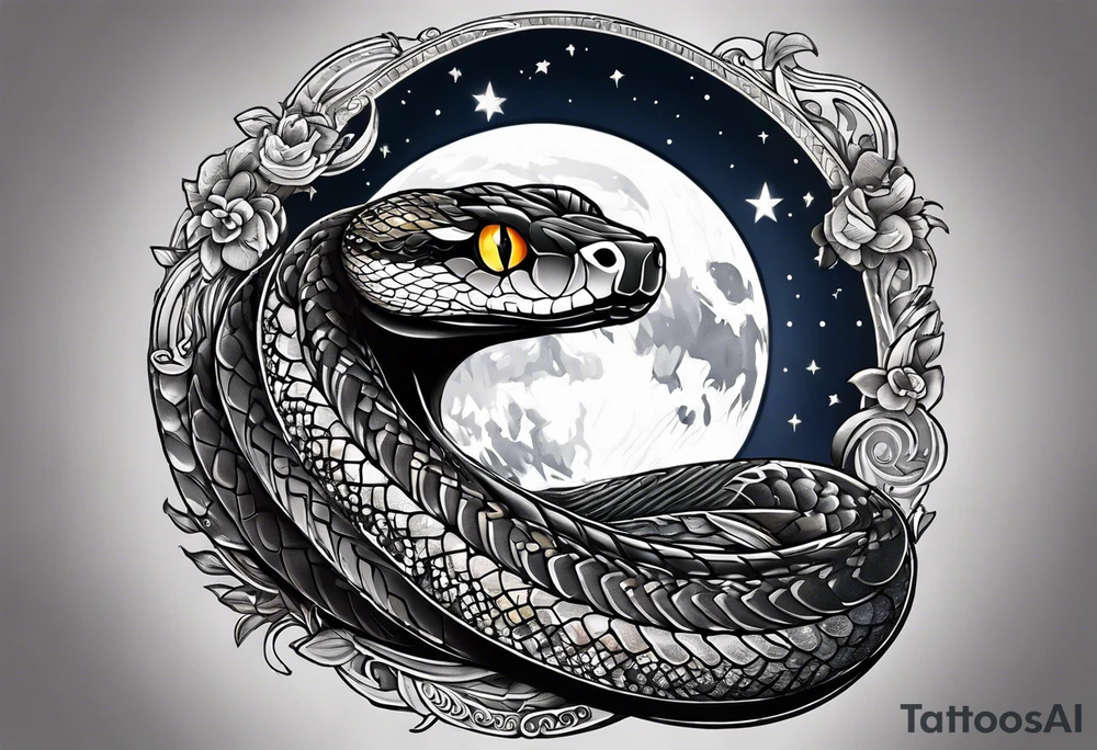 A snake wraps the moon in the night sky tattoo idea