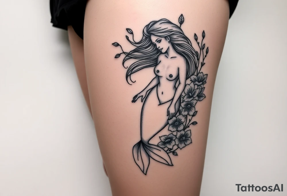 ethereal mermaid with flowing hair among coral and sea flowers tattoo idea
