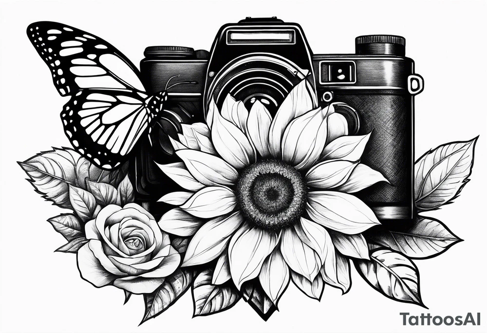 Flower : rose , sunflower, camera, butterfly tattoo idea